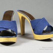Wooden mules with navy canvas straps